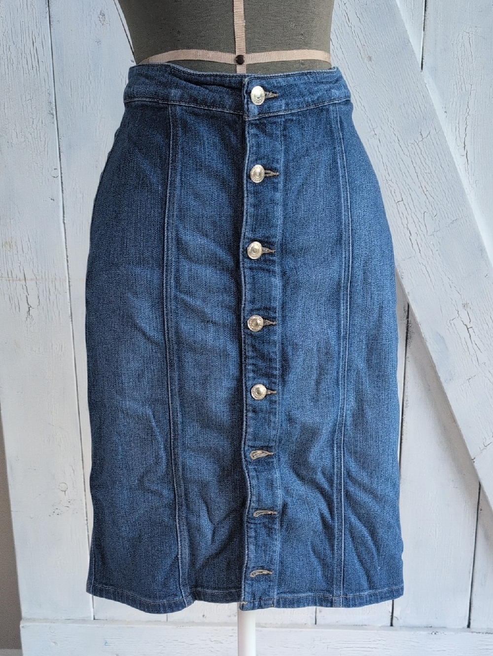 Guess Blue Denim Skirt with Brown Patch
